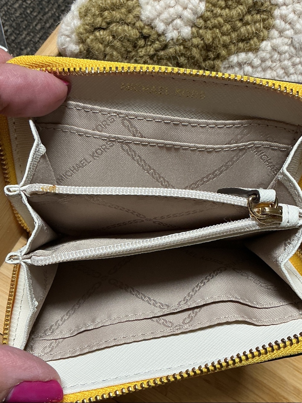 Michael Kors Yellow Pebbled Leather Zip Card Wallet with Brown and Cream Stripes - Picture 7 of 8